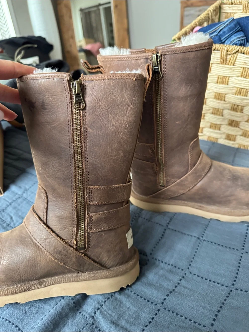 Kids UGG Brown Suede Shearling-Lined Mid-Calf Zip Boots